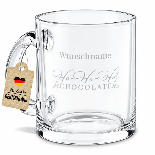 Glastasse mit Gravur - Ho Ho Hot Chocolate - mit Name graviert