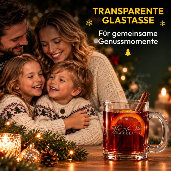 Glastasse mit Gravur - Ho Ho Hot Chocolate - mit Name graviert
