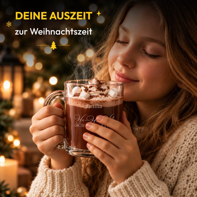 Glastasse mit Gravur - Ho Ho Hot Chocolate - mit Name graviert