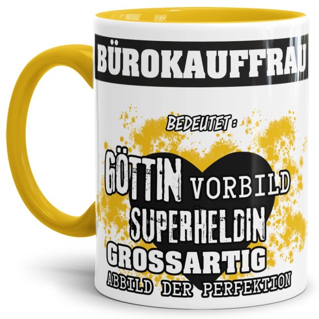 Berufe-Tasse in Gelb - Bedeutung einer B&uuml;rokauffrau