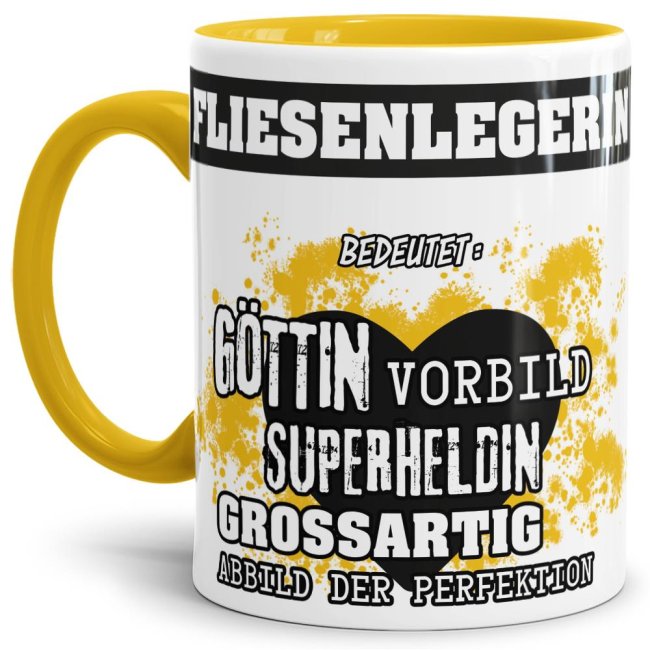 Berufe-Tasse in Gelb - Bedeutung einer Fliesenlegerin