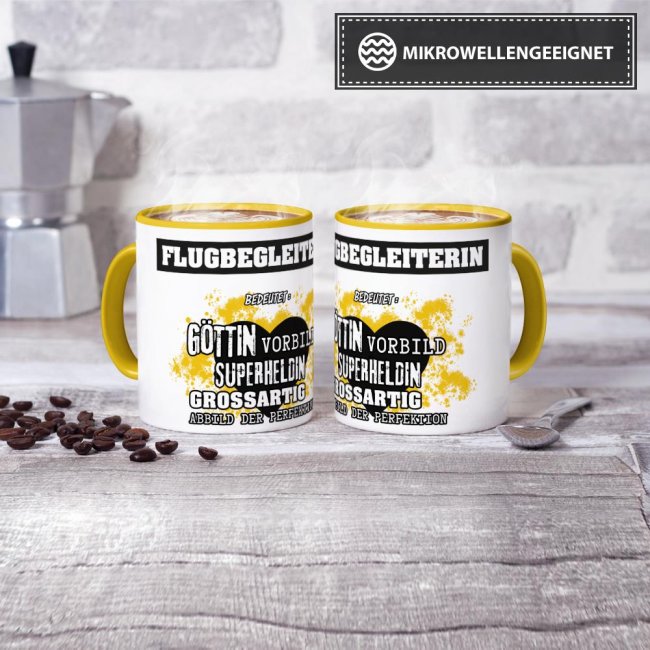 Berufe-Tasse in Gelb - Bedeutung einer Flugbegleiterin