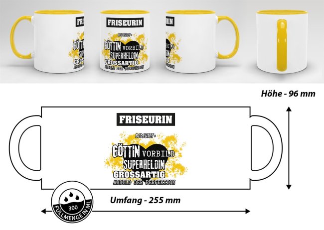 Berufe-Tasse in Gelb - Bedeutung einer Friseurin