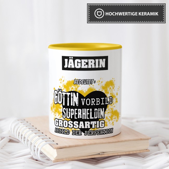Berufe-Tasse in Gelb - Bedeutung einer J&auml;gerin
