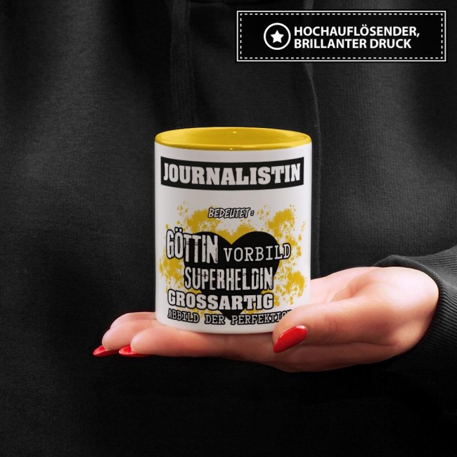 Berufe-Tasse in Gelb - Bedeutung einer Journalistin