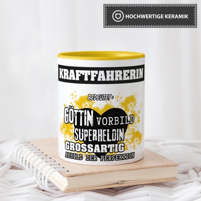 Berufe-Tasse in Gelb - Bedeutung einer Kraftfahrerin