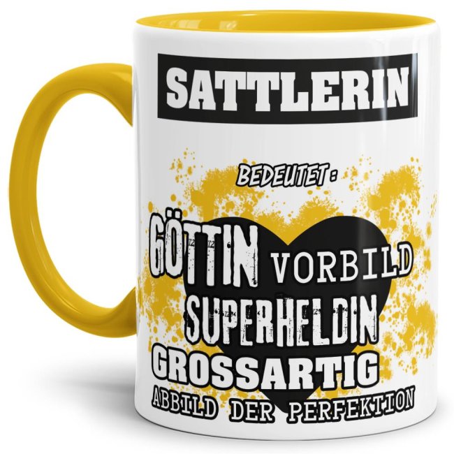 Berufe-Tasse in Gelb - Bedeutung einer Sattlerin