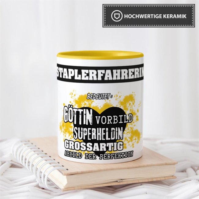Berufe-Tasse in Gelb - Bedeutung einer Staplerfahrerin