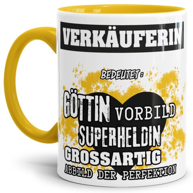 Berufe-Tasse in Gelb - Bedeutung einer Verk&auml;uferin