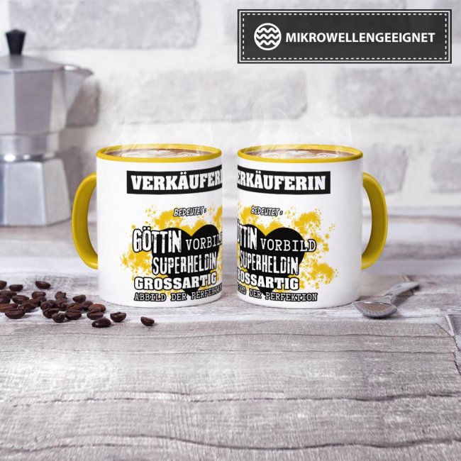Berufe-Tasse in Gelb - Bedeutung einer Verk&auml;uferin