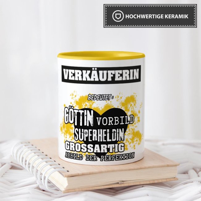 Berufe-Tasse in Gelb - Bedeutung einer Verk&auml;uferin