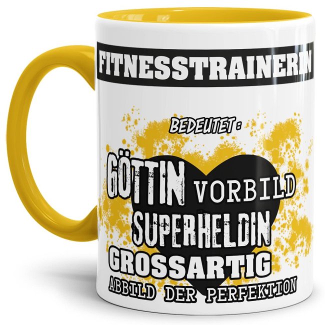 Berufe-Tasse in Gelb - Bedeutung einer Fitnesstrainerin