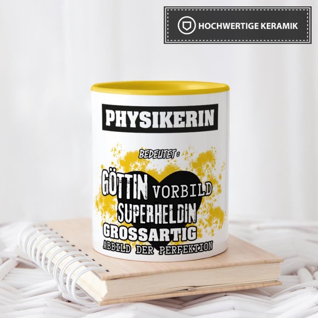 Berufe-Tasse in Gelb - Bedeutung einer Physikerin