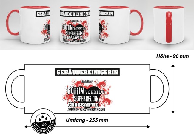 Berufe-Tasse in Rot - Bedeutung einer Geb&auml;udereinigerin