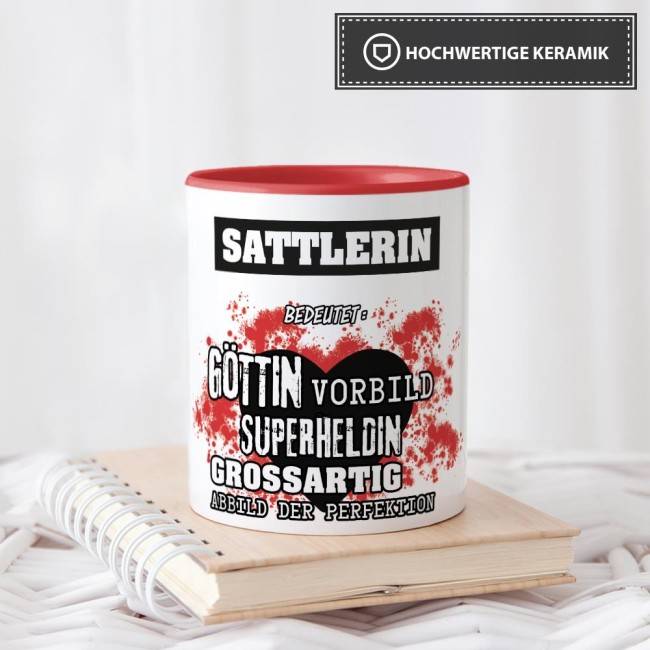 Berufe-Tasse in Rot - Bedeutung einer Sattlerin