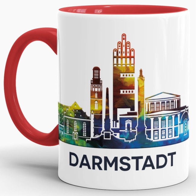 Tasse mit Skyline Darmstadt Innen &amp; Henkel Rot