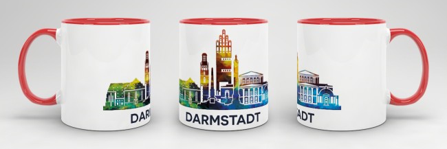 Tasse mit Skyline Darmstadt Innen &amp; Henkel Rot