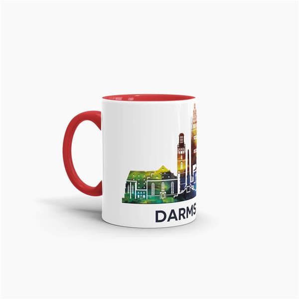 Tasse mit Skyline Darmstadt Innen &amp; Henkel Rot