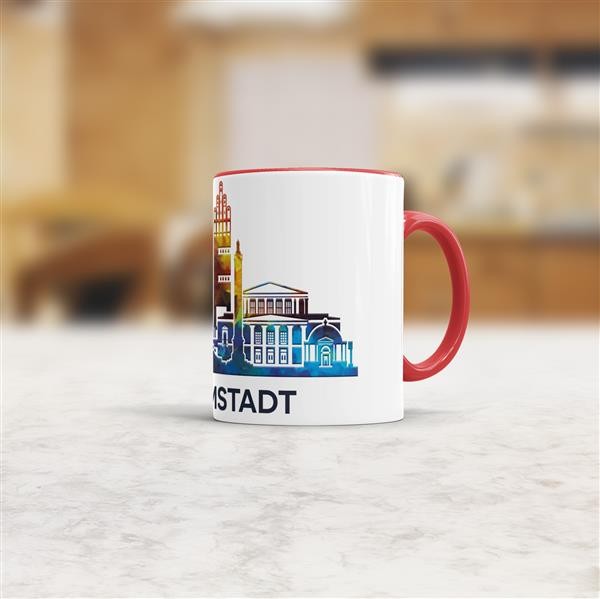 Tasse mit Skyline Darmstadt Innen &amp; Henkel Rot