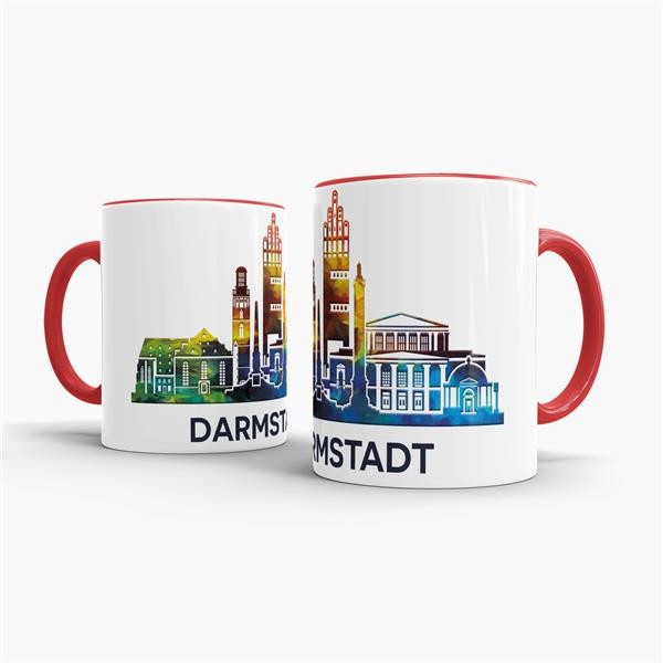 Tasse mit Skyline Darmstadt Innen &amp; Henkel Rot