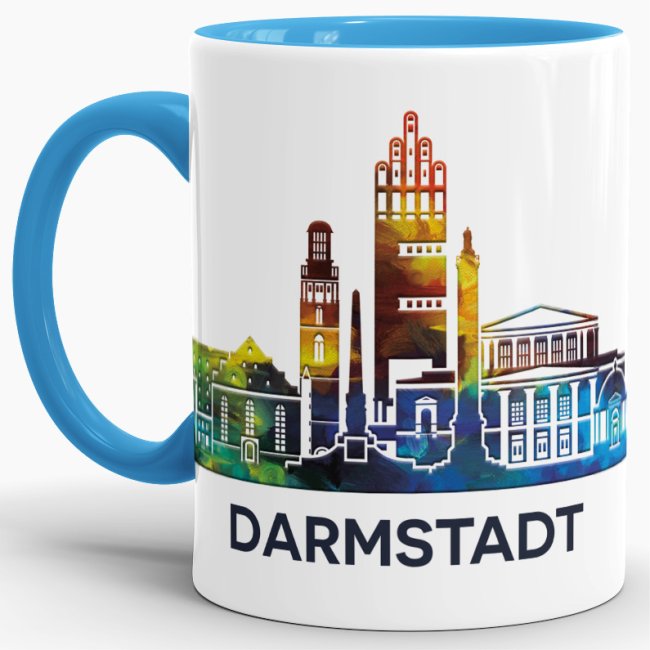 Tasse mit Skyline Darmstadt Innen &amp; Henkel Hellblau