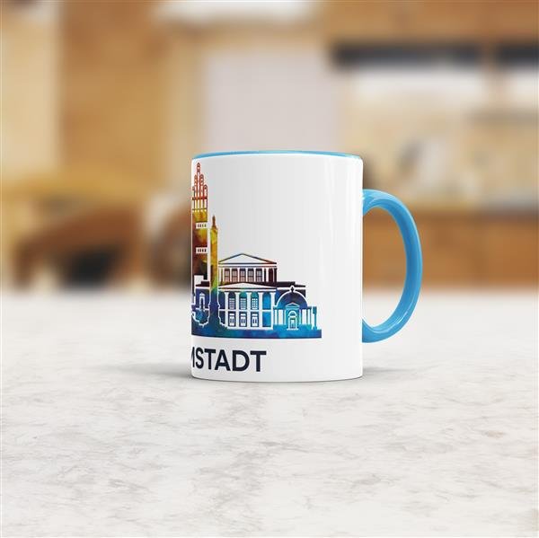 Tasse mit Skyline Darmstadt Innen &amp; Henkel Hellblau