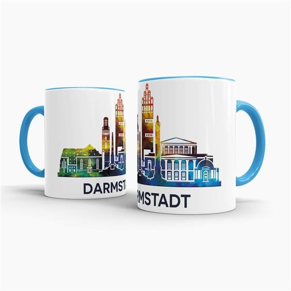 Tasse mit Skyline Darmstadt Innen &amp; Henkel Hellblau