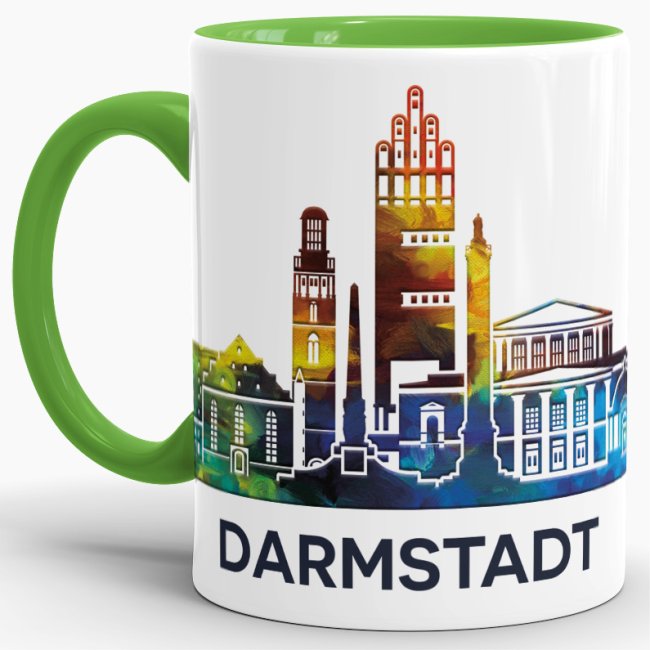 Tasse mit Skyline Darmstadt Innen &amp; Henkel Hellgr&uuml;n