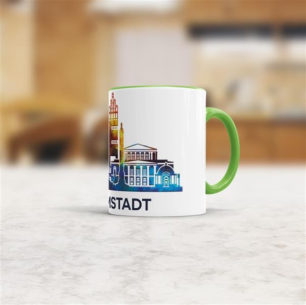 Tasse mit Skyline Darmstadt Innen &amp; Henkel Hellgr&uuml;n