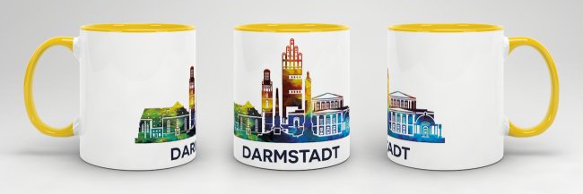 Tasse mit Skyline Darmstadt Innen &amp; Henkel Gelb