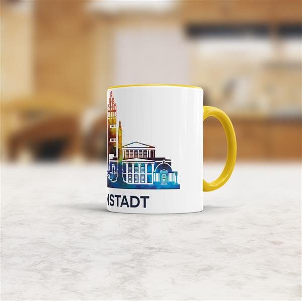 Tasse mit Skyline Darmstadt Innen &amp; Henkel Gelb