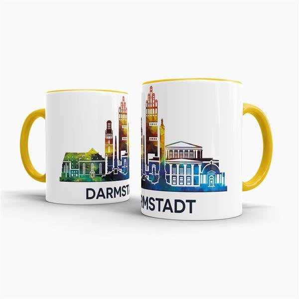 Tasse mit Skyline Darmstadt Innen &amp; Henkel Gelb