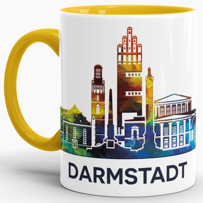 Tasse mit Skyline Darmstadt Innen &amp; Henkel Gelb