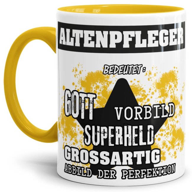 Berufe-Tasse - Bedeutung eines Altenpflegers - Gelb