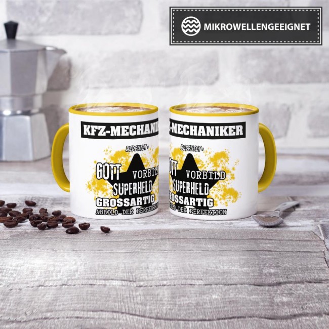 Berufe-Tasse - Bedeutung eines KFZ-Mechanikers - Gelb