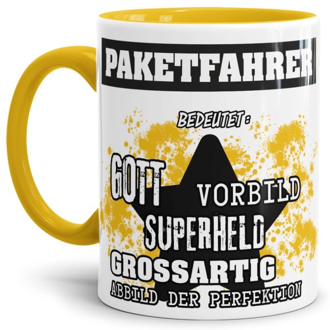 Berufe-Tasse - Bedeutung eines Paketfahrers - Gelb