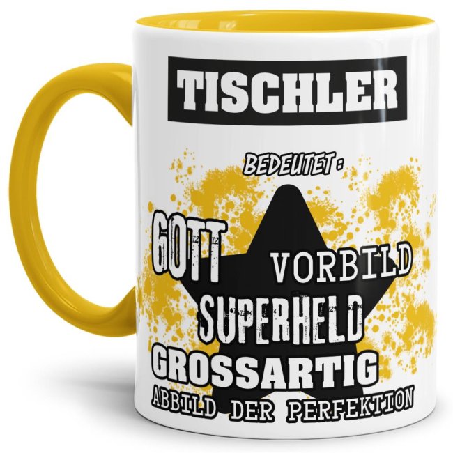 Berufe-Tasse - Bedeutung eines Tischlers - Gelb