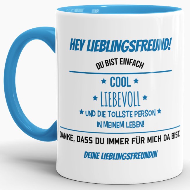 Tasse f&uuml;r Lieblingsfreund von der Lieblingsfreundin - Innen &amp; Henkel Blau