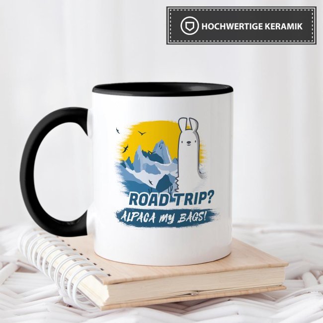 Tasse Alpaca my bags road trip Schwarz