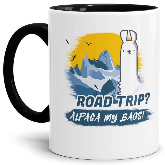 Tasse Alpaca my bags road trip Schwarz