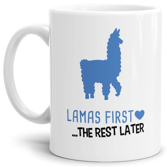 Tasse Lamas first rest later blau Weiss