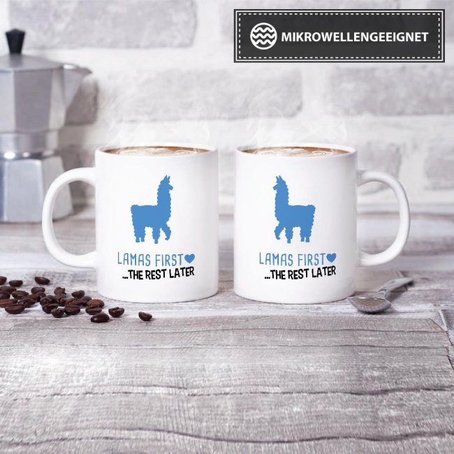 Tasse Lamas first rest later blau Weiss