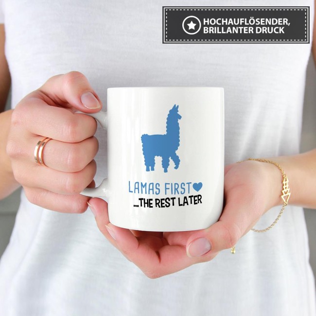 Tasse Lamas first rest later blau Weiss