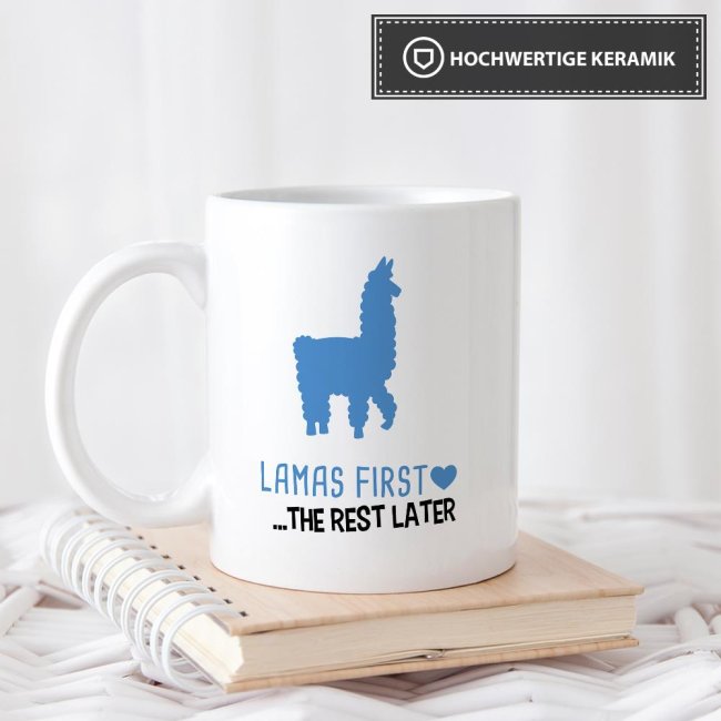 Tasse Lamas first rest later blau Weiss