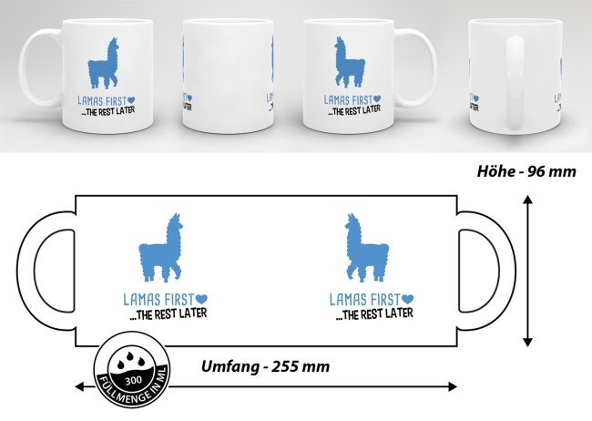 Tasse Lamas first rest later blau Weiss