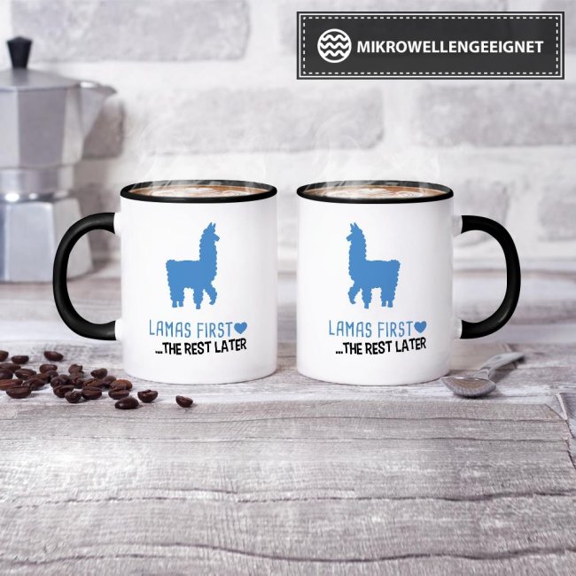 Tasse Lamas first rest later blau Schwarz