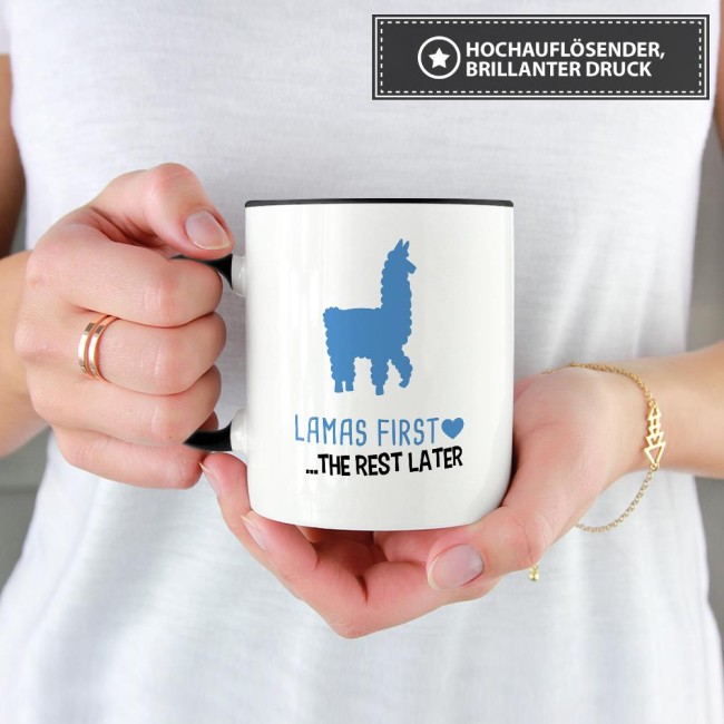 Tasse Lamas first rest later blau Schwarz