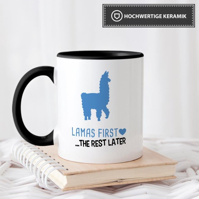 Tasse Lamas first rest later blau Schwarz