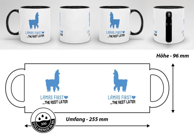 Tasse Lamas first rest later blau Schwarz