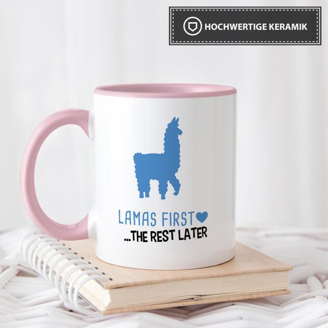 Tasse Lamas first rest later blau Rosa